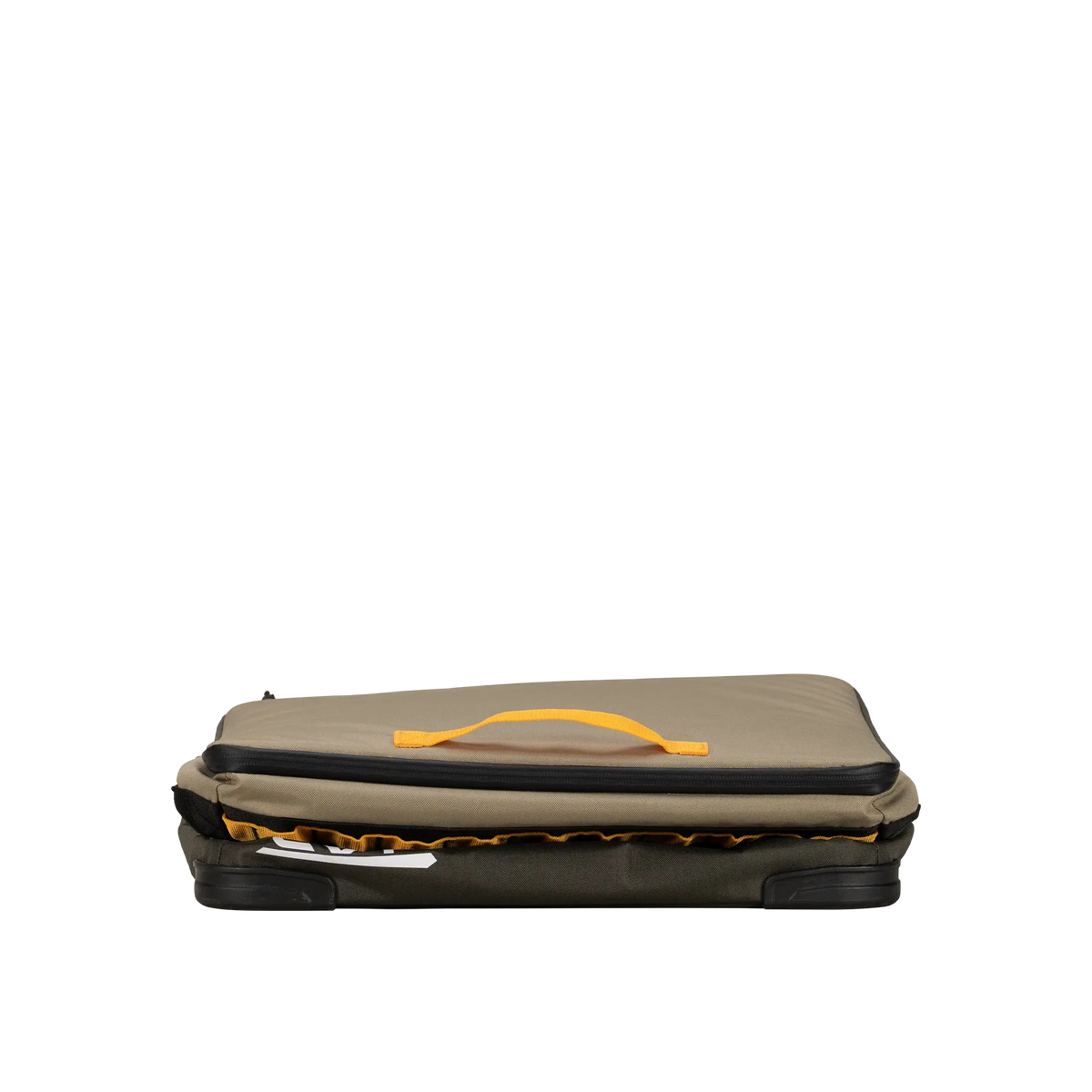 A flat, closed Soft Side Storage™ suitcase by CVT is shown in olive green with a yellow handle and black trim, resting on a white background. The visible zipper highlights its compact and lightweight design, making it an ideal choice for collapsible storage.