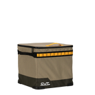 A CVT Soft Side Storage™ box in khaki and dark green, featuring a black base, yellow handle, and yellow front loops, serves as a water-resistant storage solution and is shown against a plain white background.