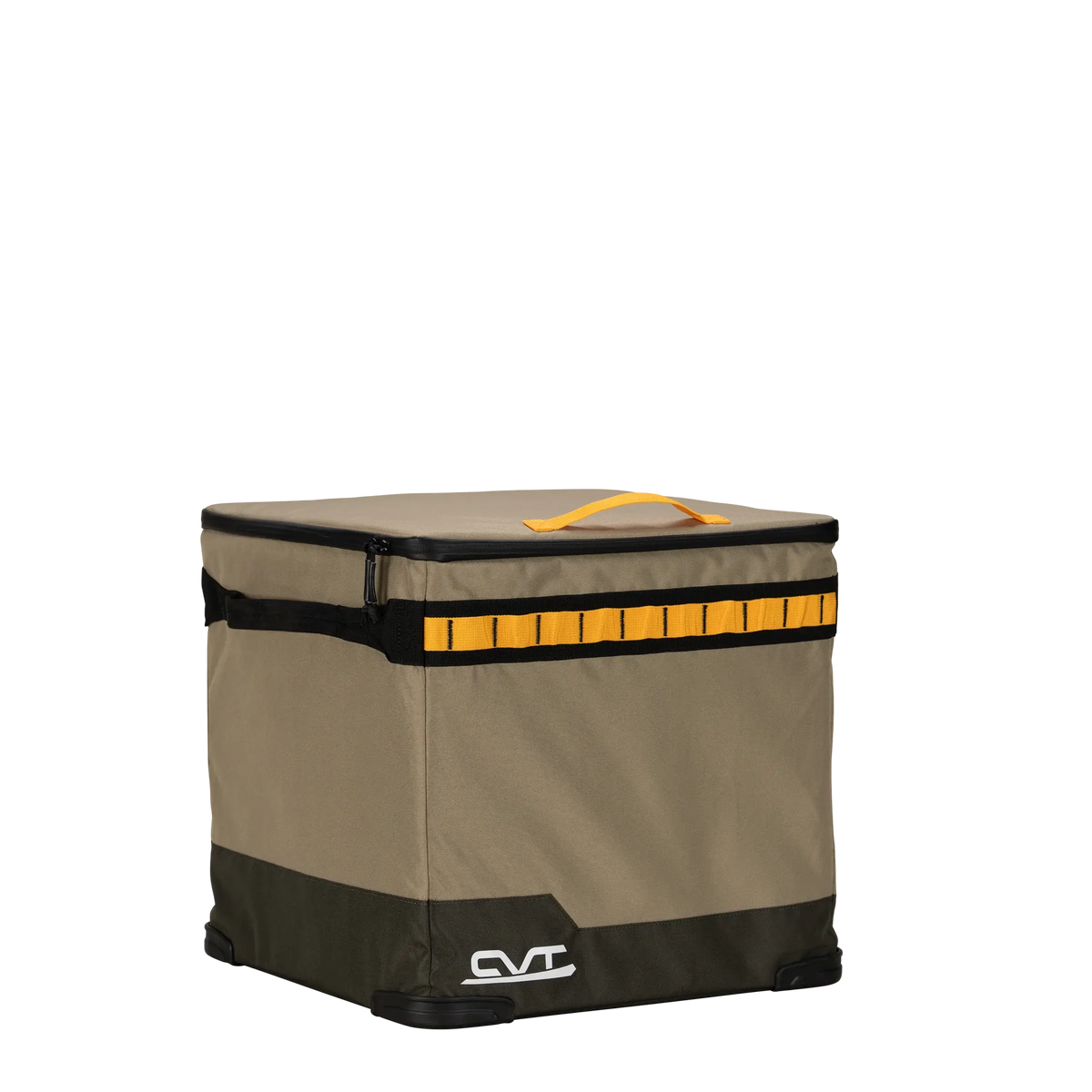 A CVT Soft Side Storage™ box in khaki and dark green, featuring a black base, yellow handle, and yellow front loops, serves as a water-resistant storage solution and is shown against a plain white background.
