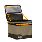 A CVT Soft Side Storage™ bin, featuring a soft-sided rectangular design with olive-green sides, yellow trim, black straps, and an open lid revealing a mesh pocket inside. This collapsible storage solution by CVT is shown against a white background.