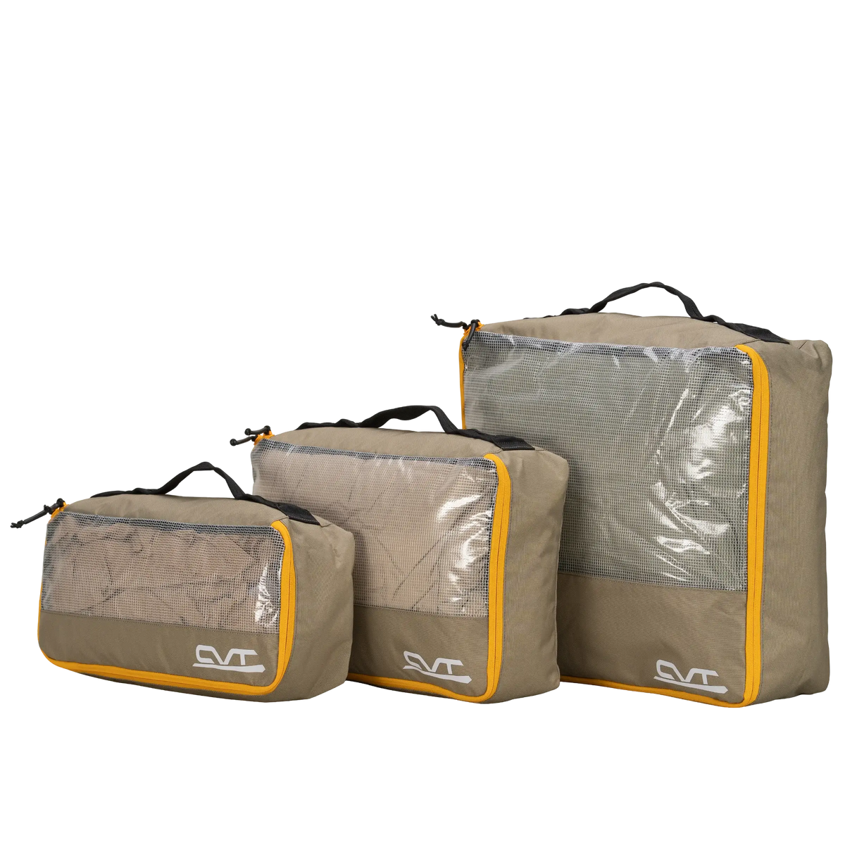 Three CVT Camping Cubes™ in small, medium, and large sizes are displayed against a white background. Each tan cube features a clear plastic window, yellow zipper, and black handle—perfect water-resistant gear organizers for your next adventure.