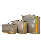 Introducing the CVT Camping Cubes™—a set of three water-resistant packing cubes in tan and yellow, each with a transparent mesh window and black handle for easy gear organization. These cubes come in assorted sizes and are shown against a plain white background.