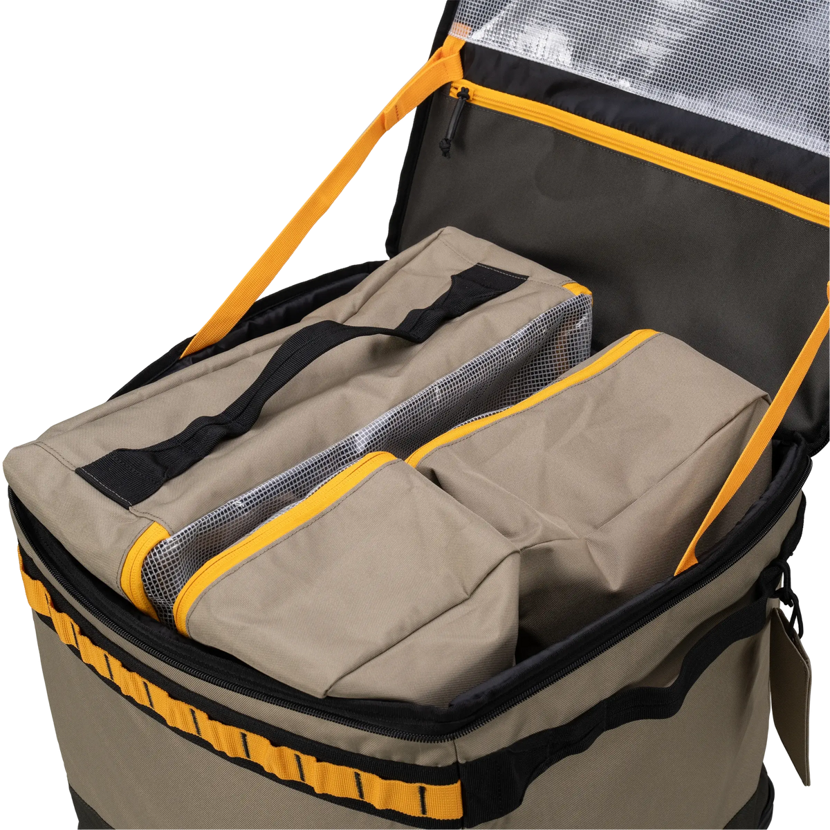 Introducing the CVT Soft Side Storage™: an open tan and black duffel bag with yellow zipper trim, featuring a water-resistant organizer interior, two included packing cubes, an insulated lid lining, and collapsible storage for convenient travel and everyday organization.