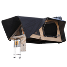 A CVT Wasatch Hardshell Tent featuring a black rainfly, beige walls, mesh windows, a foldable ladder, and a convenient small hanging storage bag is mounted on a vehicle roof box—perfect for your next overland adventure.
