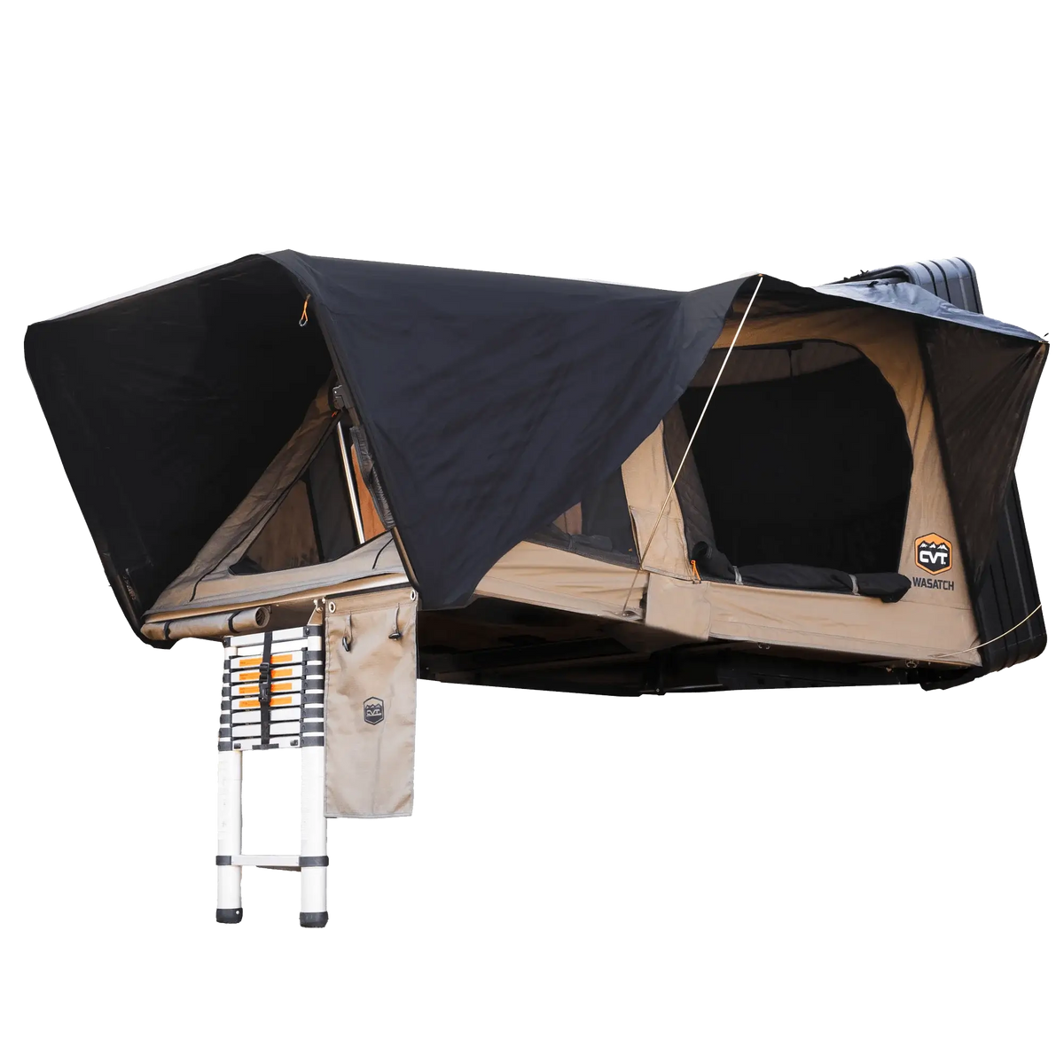 A CVT Wasatch Hardshell Tent featuring a black rainfly, beige walls, mesh windows, a foldable ladder, and a convenient small hanging storage bag is mounted on a vehicle roof box—perfect for your next overland adventure.