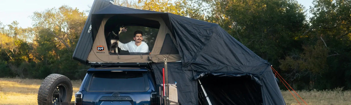A man with a mustache looks out from a rooftop tent set up on top of a blue SUV parked in a grassy field, surrounded by trees.