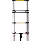 A close-up view of the CVT Mt. Hood/La Sal Telescoping Ladder shows its multiple metal sections fully extended, with visible safety labels and locking mechanisms on each rung—making it an ideal, sturdy choice for accessing your rooftop tent—all set against a white background.