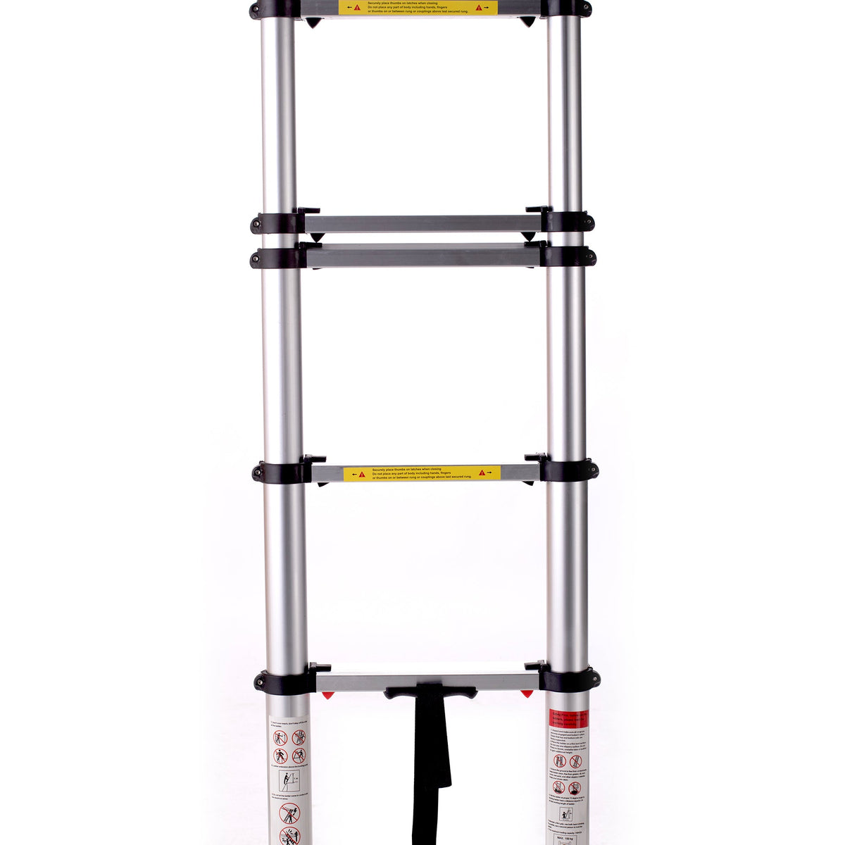 A close-up view of the CVT Mt. Hood/La Sal Telescoping Ladder shows its multiple metal sections fully extended, with visible safety labels and locking mechanisms on each rung—making it an ideal, sturdy choice for accessing your rooftop tent—all set against a white background.