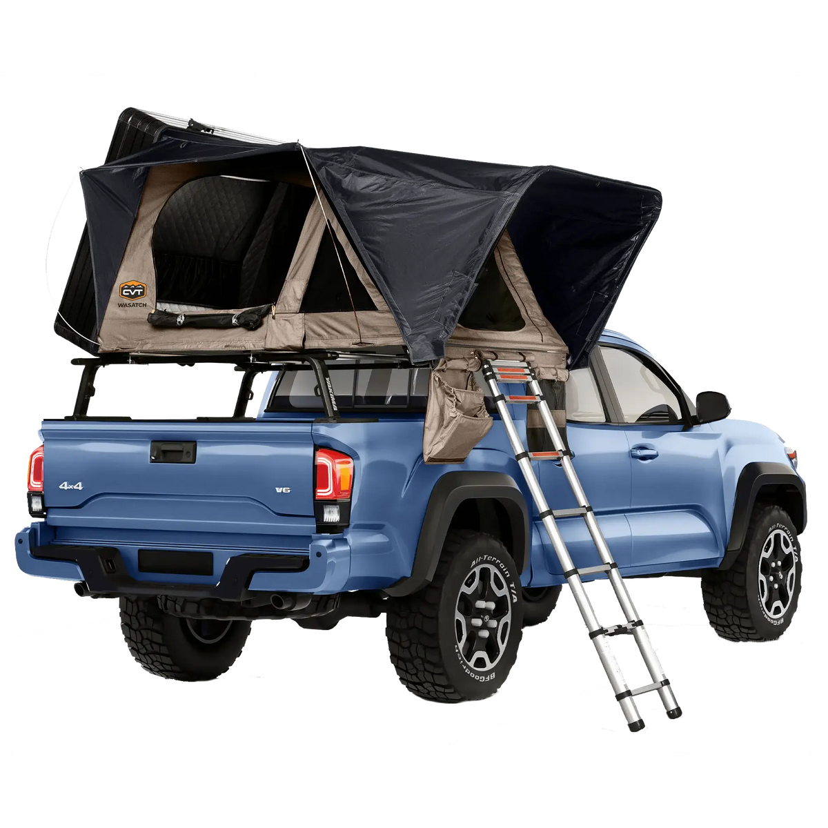 A blue pickup truck with a CVT Wasatch Hardshell Tent in black and tan mounted over the bed, accessible by a metal ladder. The tent is open, revealing its interior and ready for an overland adventure.