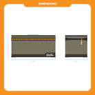 Illustration of the CVT Soft Side Storage™ rectangular box, shown from the front and side with dimensions labeled: 30 inches wide, 16.5 inches deep, and 15 inches tall. The olive green water-resistant storage box features a dark top and handle.