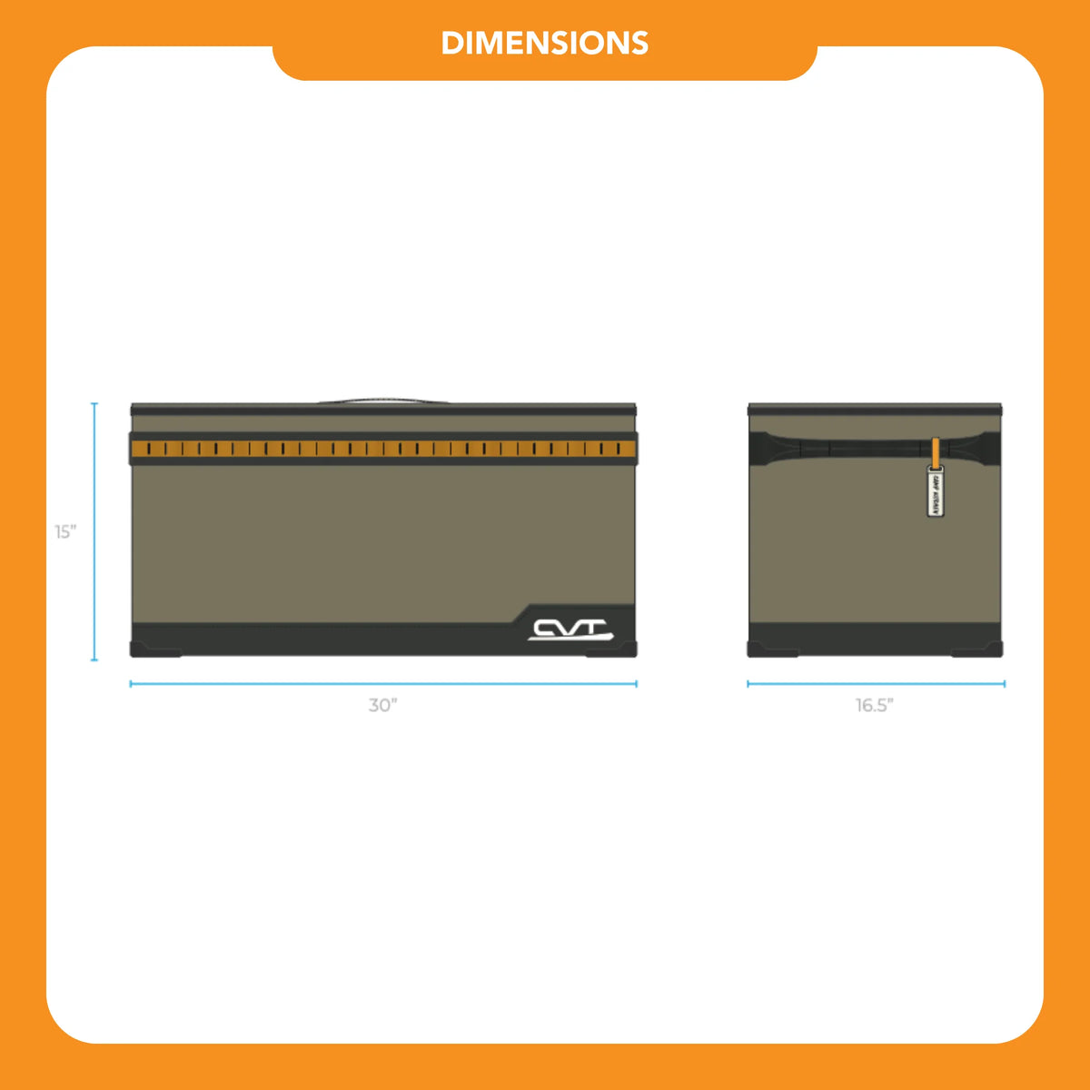Illustration of the CVT Soft Side Storage™ rectangular box, shown from the front and side with dimensions labeled: 30 inches wide, 16.5 inches deep, and 15 inches tall. The olive green water-resistant storage box features a dark top and handle.
