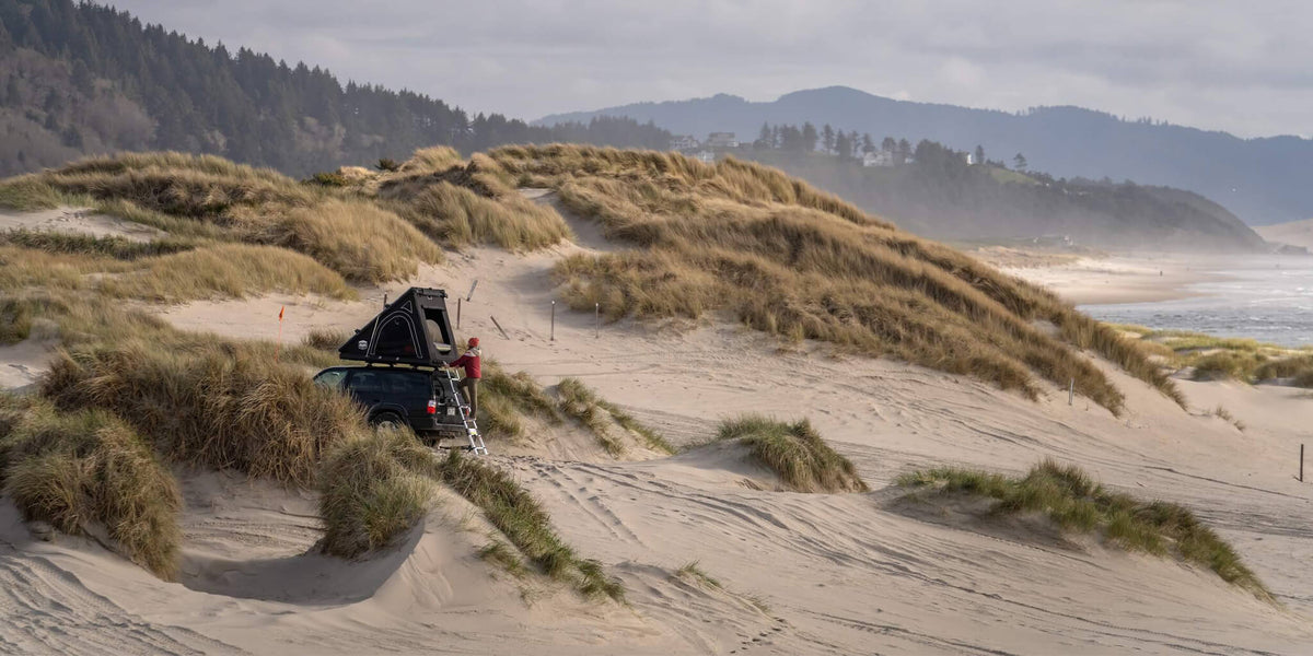 A car with a rooftop tent is parked among sandy dunes by the beach, with tall grass and distant forested hills under a cloudy sky.