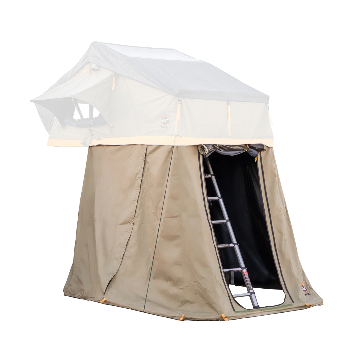 A CVT rooftop tent featuring the beige Pioneer Annex, which creates an enclosed tent space, and includes a metal ladder for access to the interior—all displayed against a plain white background.