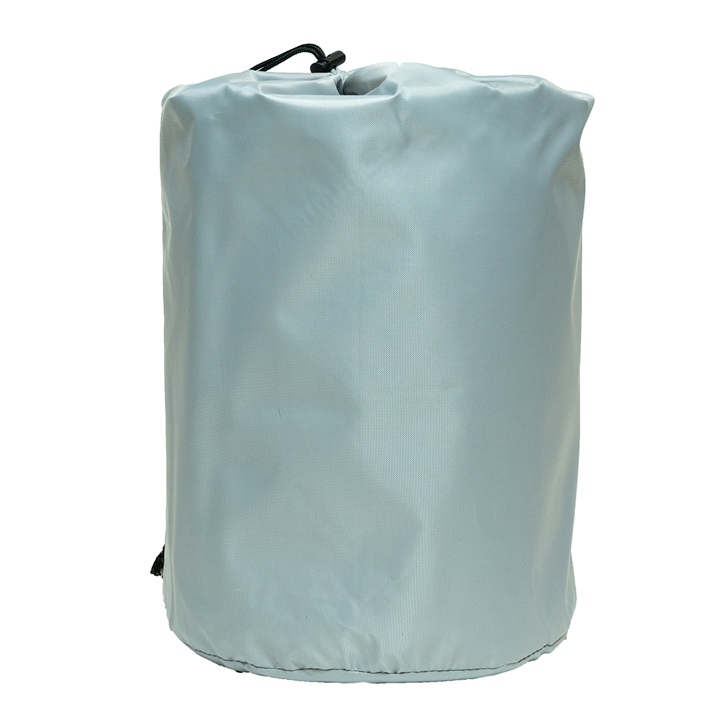 A light gray, cylindrical CVT Pioneer Insulation Walls bag made of smooth, water-resistant material, perfect for cold weather camping, stands upright against a white background.