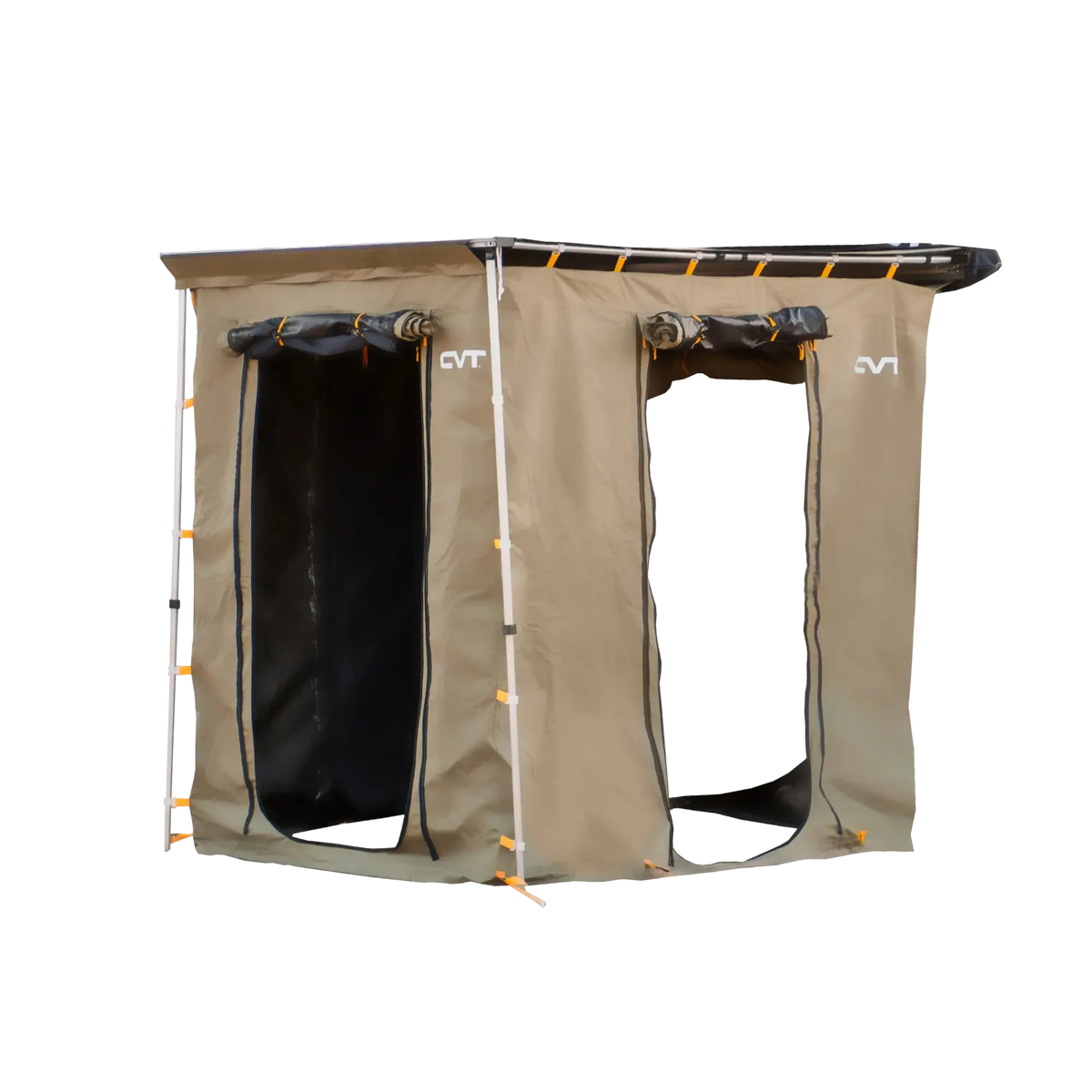 Tan and black CVT Pioneer Awning Walls feature two open doorways with the CVT logo near the top of each, supported by metal poles and secured with orange tie-downs. Constructed from waterproof ripstop material, they offer reliable outdoor privacy.