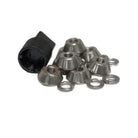 A set of CVT Tent Security Nuts - Set of 8 With Lock, including silver metal M8 security nuts, washers, and a single black lock tool or cap, are arranged on a white background.