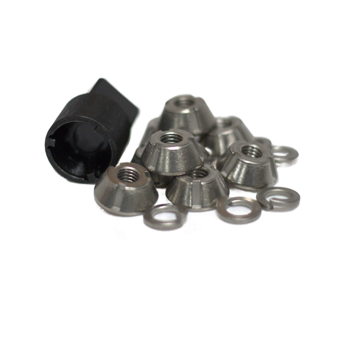 A set of CVT Tent Security Nuts - Set of 8 With Lock, including silver metal M8 security nuts, washers, and a single black lock tool or cap, are arranged on a white background.