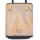 The Mt. Hood/La Sal Shoe Bag by CVT is a tan hanging gear bag featuring two yellow straps at the top, a mesh pocket at the bottom, and a front logo with mountains and “CVT”. Designed as an ideal rooftop tent shoe organizer, this CVT shoe bag keeps your footwear neatly stored while camping. The background is white.