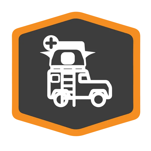 White icon of an off-road vehicle with a pop-up roof and a medical cross, inside a black hexagon with an orange border, symbolizing medical or rescue vehicle.