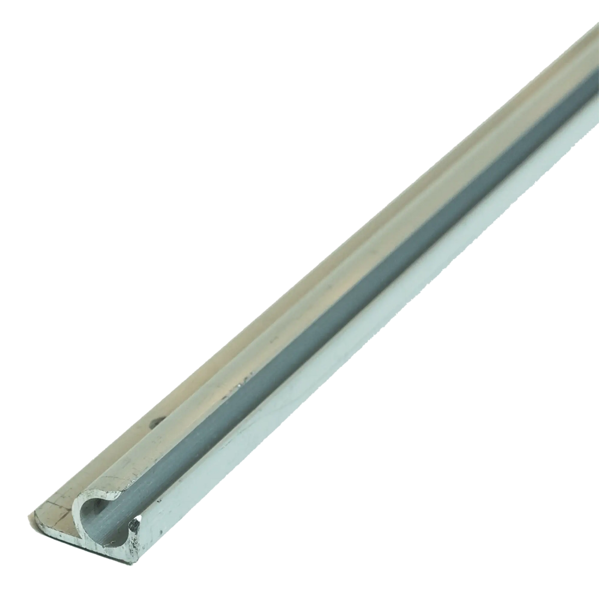 A close-up of the CVT Annex Channel—a long, silver metal track with a continuous groove—commonly used as a guide for sliding doors or panels and ideal as a replacement part for the Pioneer Series tent.
