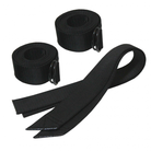 Three black nylon straps from the CVT Pioneer Travel Cover Strap Set are shown: two straps rolled with metal D-ring attachments, and a third laid flat to display its pointed ends. Essential for securing tent covers, these versatile Pioneer tent accessories are presented against a white background.
