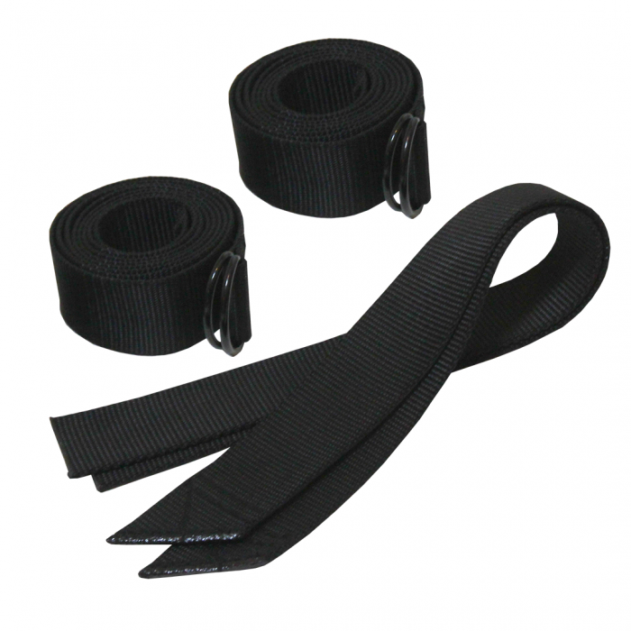 Three black nylon straps from the CVT Pioneer Travel Cover Strap Set are shown: two straps rolled with metal D-ring attachments, and a third laid flat to display its pointed ends. Essential for securing tent covers, these versatile Pioneer tent accessories are presented against a white background.