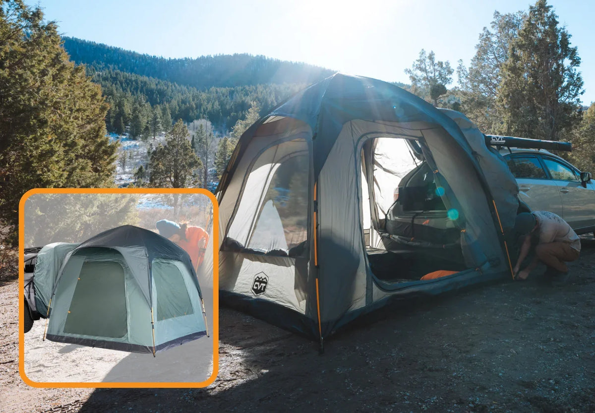 Two tents set up at a forested campsite, with a car parked nearby. The larger tent is open, and the scene is sunny. An inset shows a close-up of another tent from a different angle.