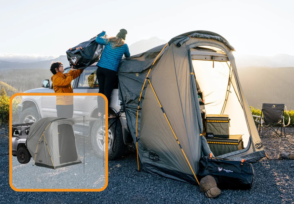 Two people set up a large gray tent attached to a vehicle outdoors at sunrise. An inset shows a close-up of the same tent detached from the car with poles for support. Camping gear is visible around the tent.