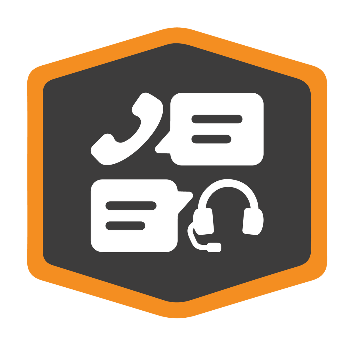 Icon with a phone, speech bubbles, and a headset inside a dark hexagon bordered by orange, representing communication or customer support services.