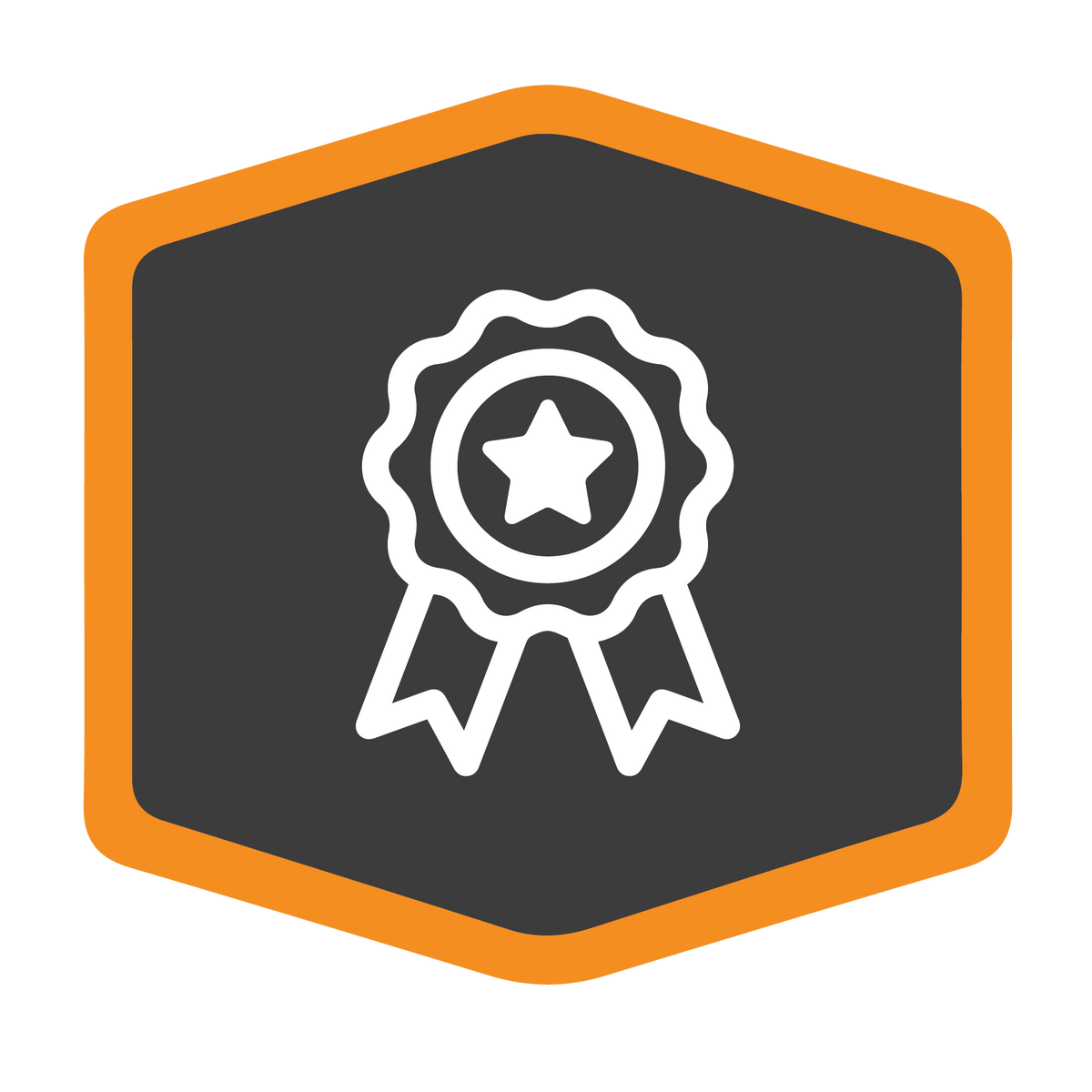 A white award ribbon with a star in the center is shown on a dark hexagon background with an orange border.