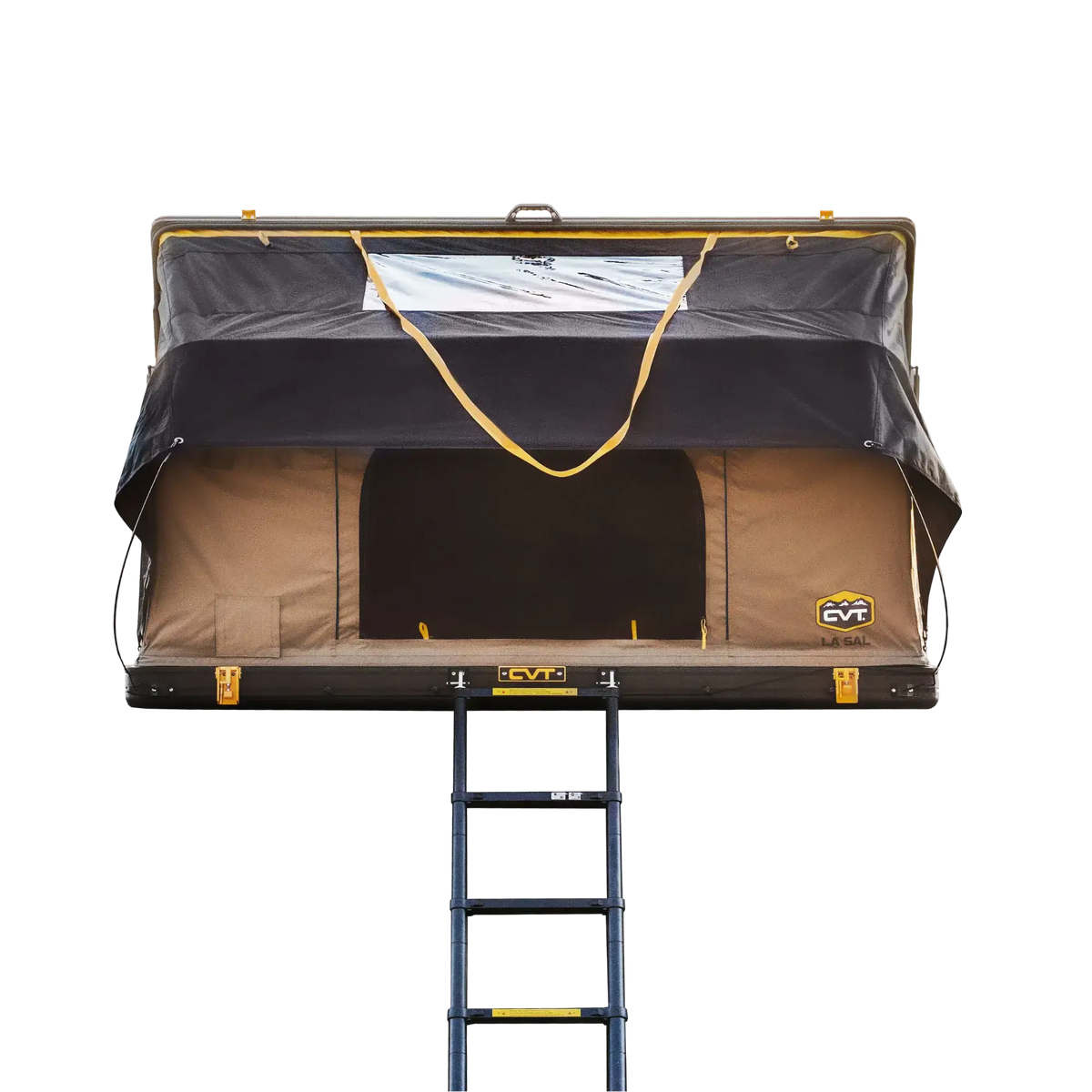 CVT La Sal Tent Fabric roof-top tent with an open canvas door, attached ladder, and protective rain cover, viewed from the front. The tent features a brown and black design with yellow accents on the frame and ladder.