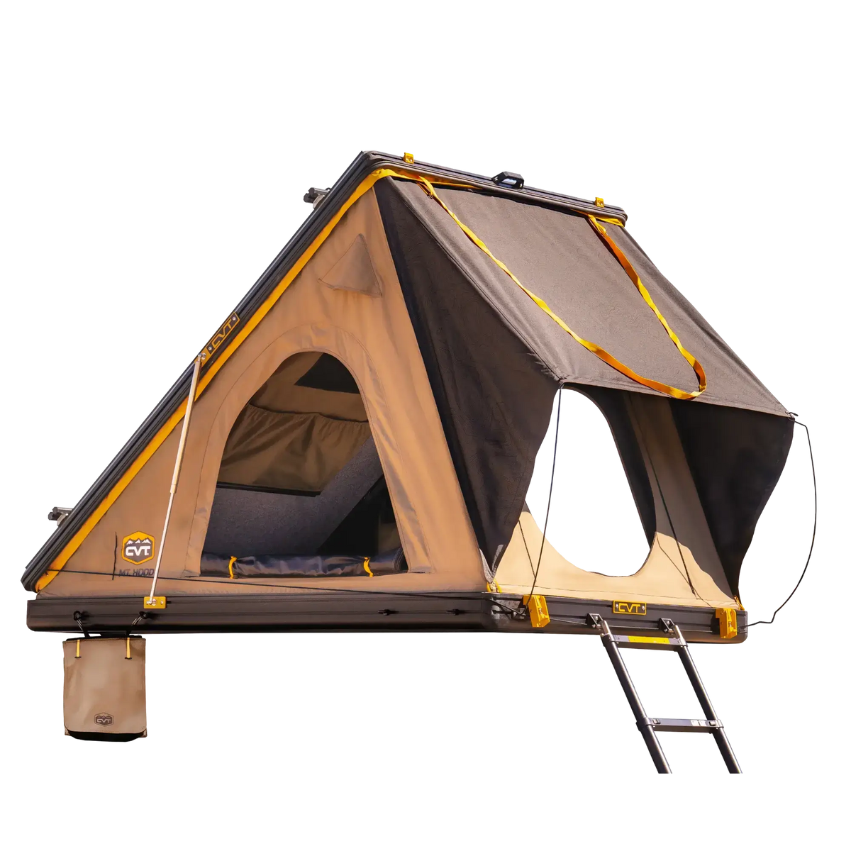 The CVT Mt. Hood 2 Hardshell Tent features an open entrance, brown and tan fabric, windows, an attached ladder, and a small hanging storage pouch underneath. This elevated rooftop tent is designed for outdoor camping and adventure.