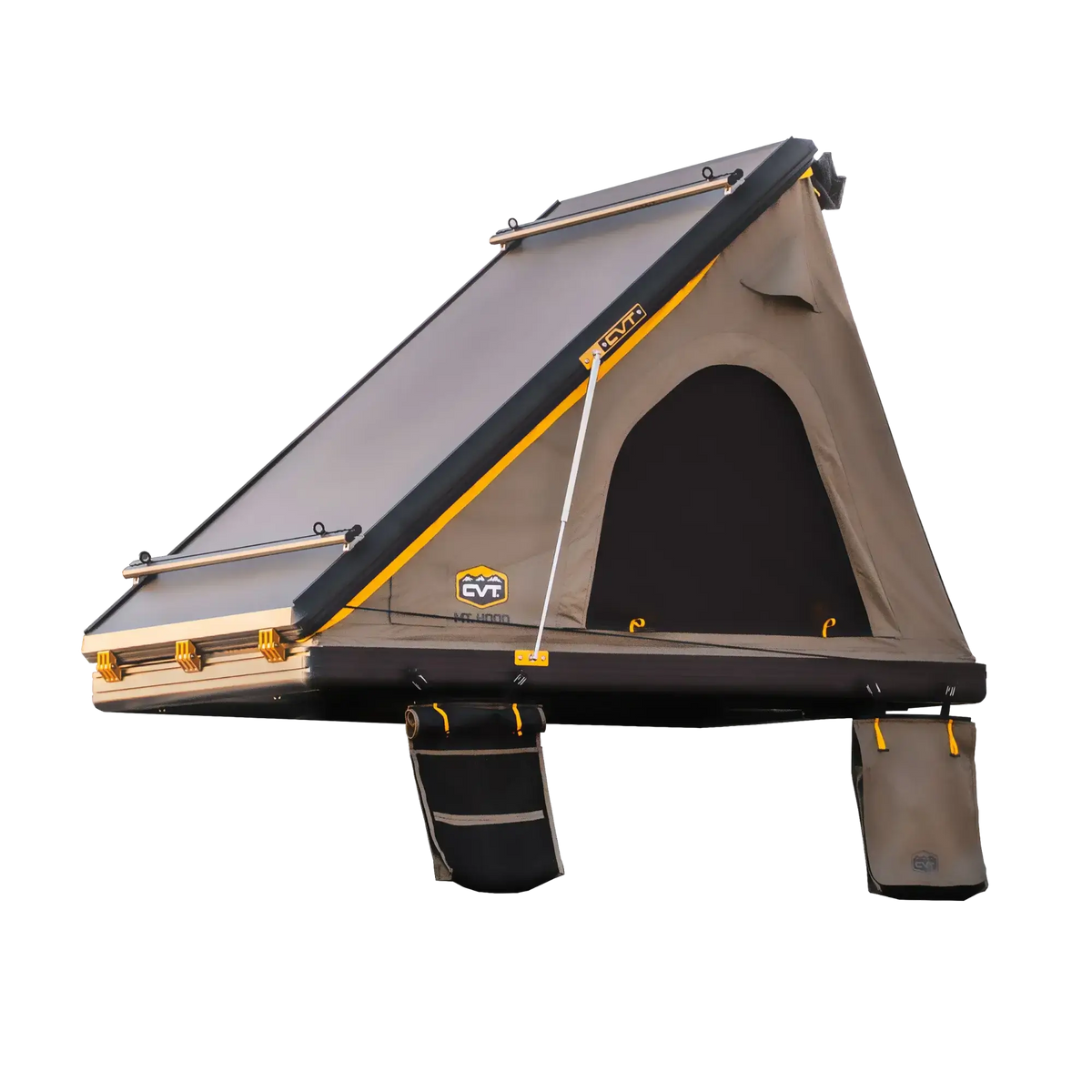 The CVT Mt. Hood 2 Hardshell Tent, designed with an angled roof and hard shell, features a side entry door, windows, and integrated storage bags—ideal for outdoor adventures—and is presented against a plain white background.