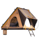 A CVT Mt. Hood 2 Hardshell Tent is shown against a white background, featuring tan and brown fabric, open zippered doors, an entry ladder, and a storage pouch attached underneath—ideal for outdoor adventures.