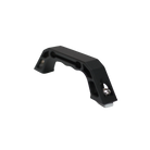 CVT’s Mt. Hood Handle is a black metal handle or bracket with angled sides, shown against a plain white background. It features two screw holes on each side for mounting, ensuring a secure grip—making it ideal as a tent replacement part.