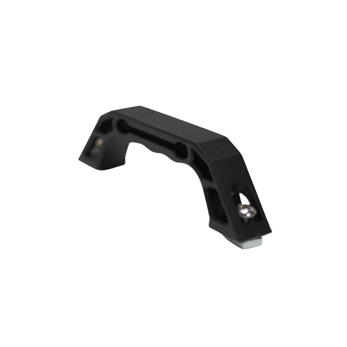 CVT’s Mt. Hood Handle is a black metal handle or bracket with angled sides, shown against a plain white background. It features two screw holes on each side for mounting, ensuring a secure grip—making it ideal as a tent replacement part.