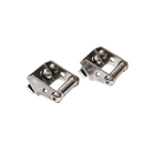 Two small, silver metal Mt. Hood Ladder Brackets by CVT, featuring cylindrical pins and screw holes and shown side by side on a white background, are perfect as retractable ladder support components or rooftop tent bracket accessories.