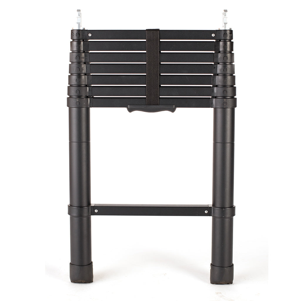 The CVT Mt. Hood/La Sal Telescoping Ladder is a black, foldable ladder featuring two sturdy legs, closely spaced rungs, and a central carrying handle—making it ideal for use as a tent ladder with Mt. Hood tents or any rooftop tent setup.