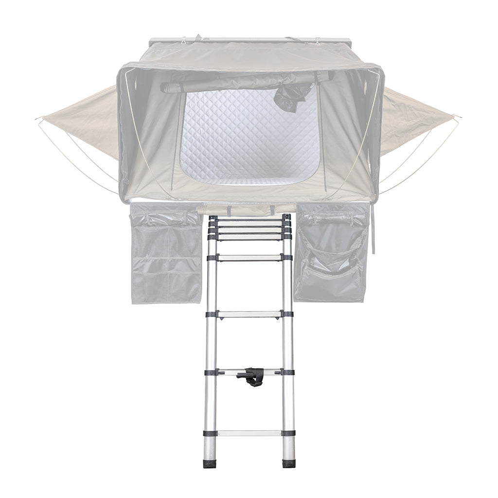 A CVT Mt Thielsen Telescoping Ladder tent, featuring two side windows, outer storage pockets, and a quilted interior panel, is displayed from the front against a white background.