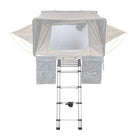 A CVT Mt Thielsen Telescoping Ladder tent, featuring two side windows, outer storage pockets, and a quilted interior panel, is displayed from the front against a white background.