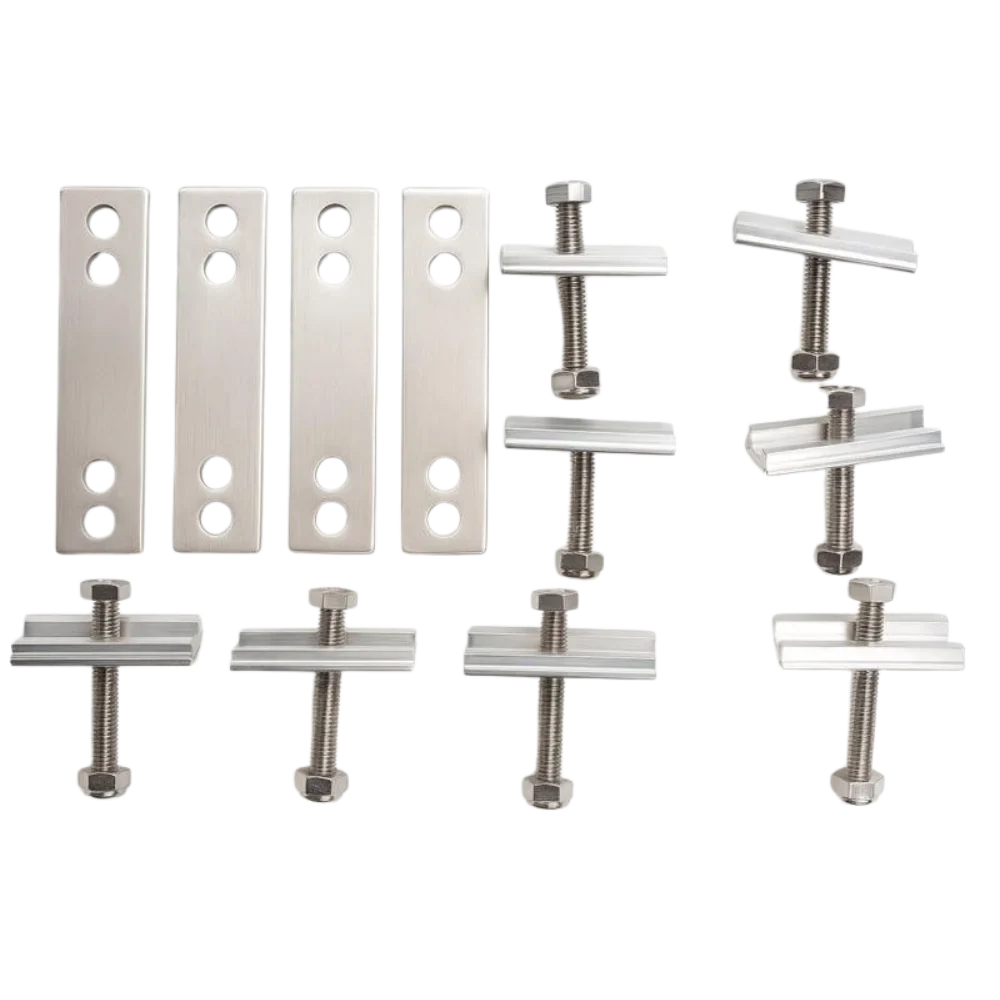 Four CVT Pioneer Mounting Kit metal plates with holes and eight metal clamps with bolts and nuts are neatly arranged on a plain white background, highlighting this versatile replacement kit—perfect for securing your rooftop tent or using as a reliable Pioneer mounting solution.