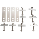 Four CVT Pioneer Mounting Kit metal plates with holes and eight metal clamps with bolts and nuts are neatly arranged on a plain white background, highlighting this versatile replacement kit—perfect for securing your rooftop tent or using as a reliable Pioneer mounting solution.