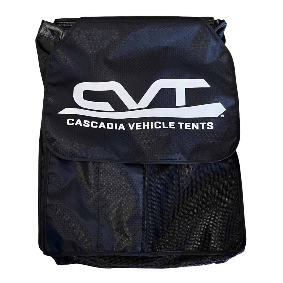 The Pioneer Shoe Bag by CVT features the iconic white CVT logo and Cascadia Vehicle Tents branding on the front flap. Shown against a white background, it’s perfect for convenient outdoor shoe storage as a rooftop tent shoe bag.