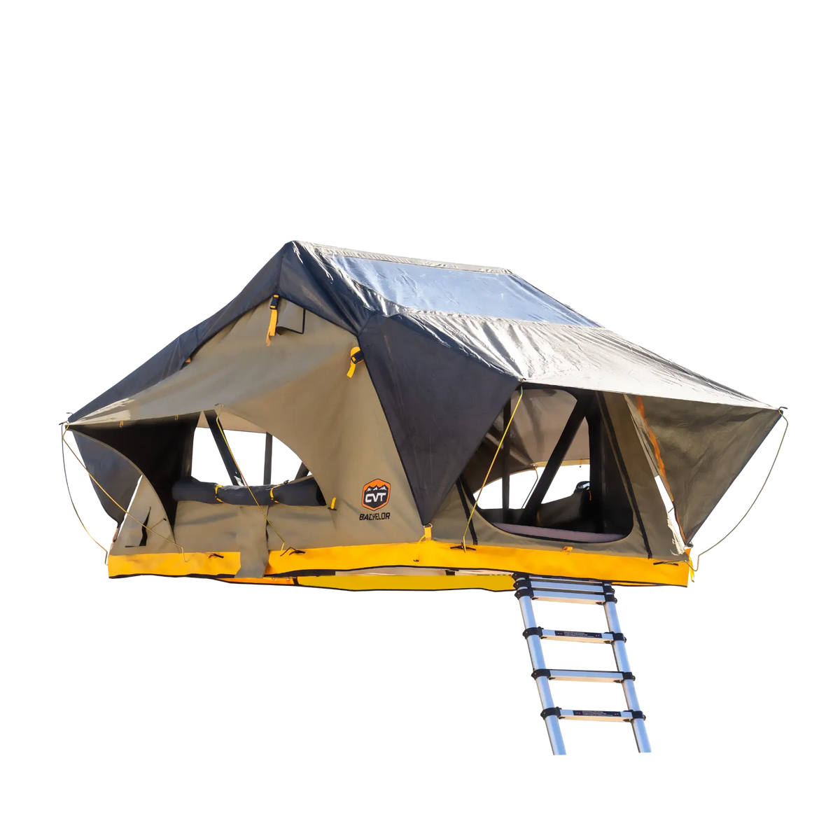 The CVT Pioneer 2 Softshell Tent is ideal for overland adventures, showcasing a black rainfly, beige sides, open windows, and a yellow base. This soft-shell tent mounts on a metal frame and includes a ladder for easy access, all set against a plain white background.