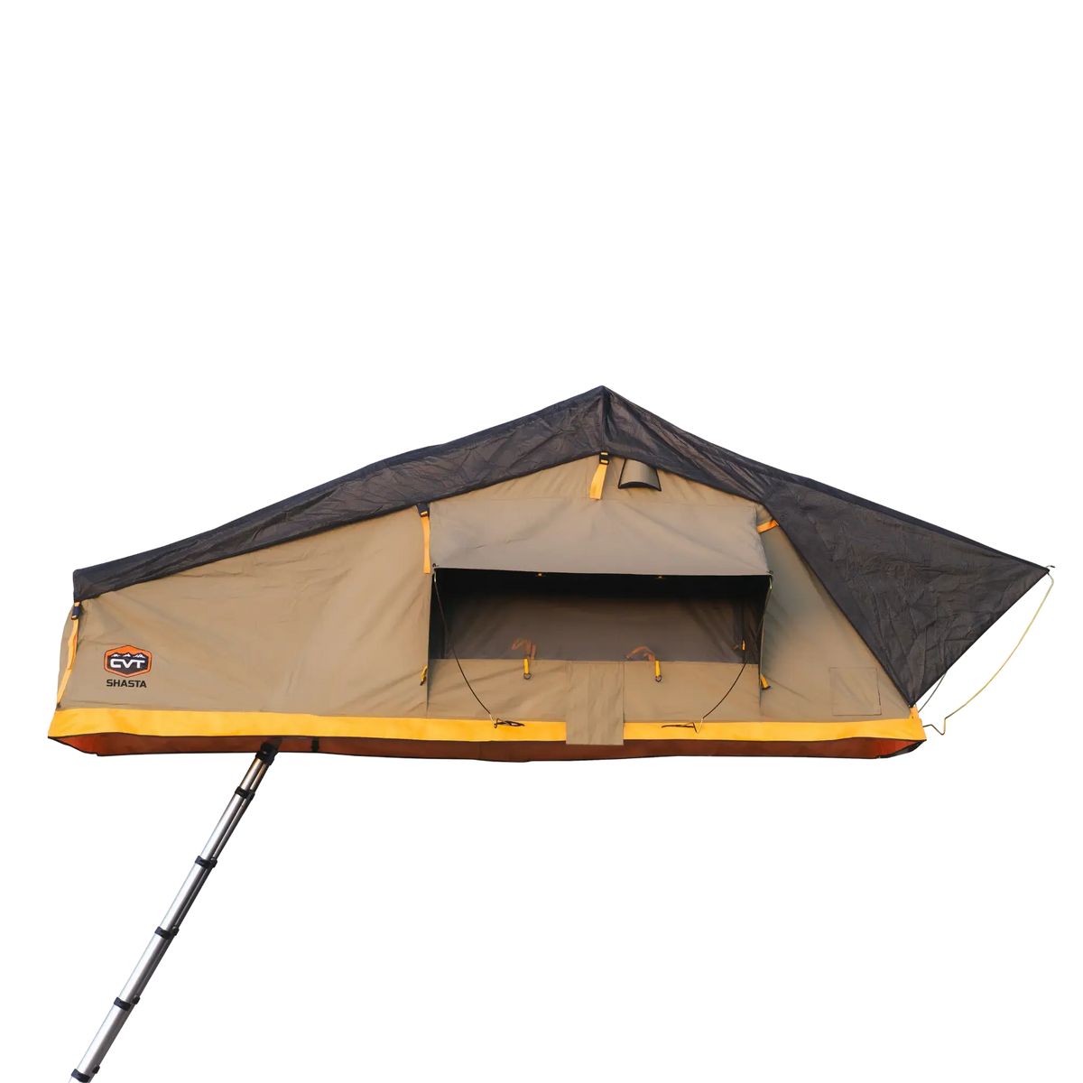 The CVT Pioneer 2 Softshell Tent, featuring a tan body, black rainfly, and yellow trim, is mounted on a vehicle roof rack—ideal for overland adventures. A collapsible ladder provides access to the tent, while the open front window reveals its inviting interior.