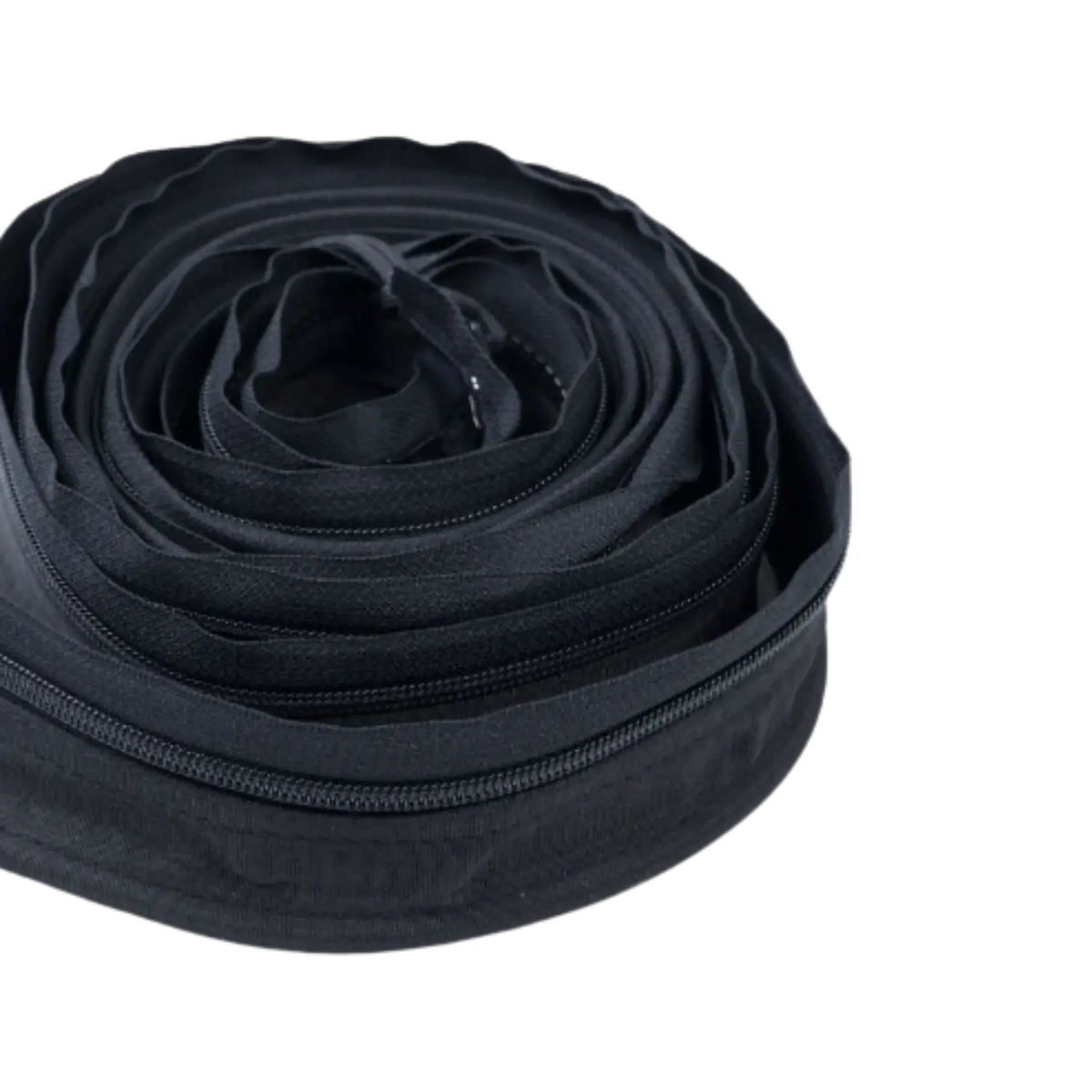 A close-up of a coiled black CVT Pioneer Zipper Strip on a white background, highlighting its weatherproof seal—perfect for rooftop tent applications.
