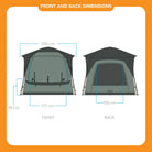 Diagram of the Timber Creek SUV Tent’s front and back views with dimensions: front width 260 cm, height 177 cm, door height 78 cm; back width 260 cm, height 150 cm. The orange header reads Front and Back Dimensions. This dome-style tent by CVT is perfect for overlanders or anyone seeking to set up a spacious SUV tent with easy access points.