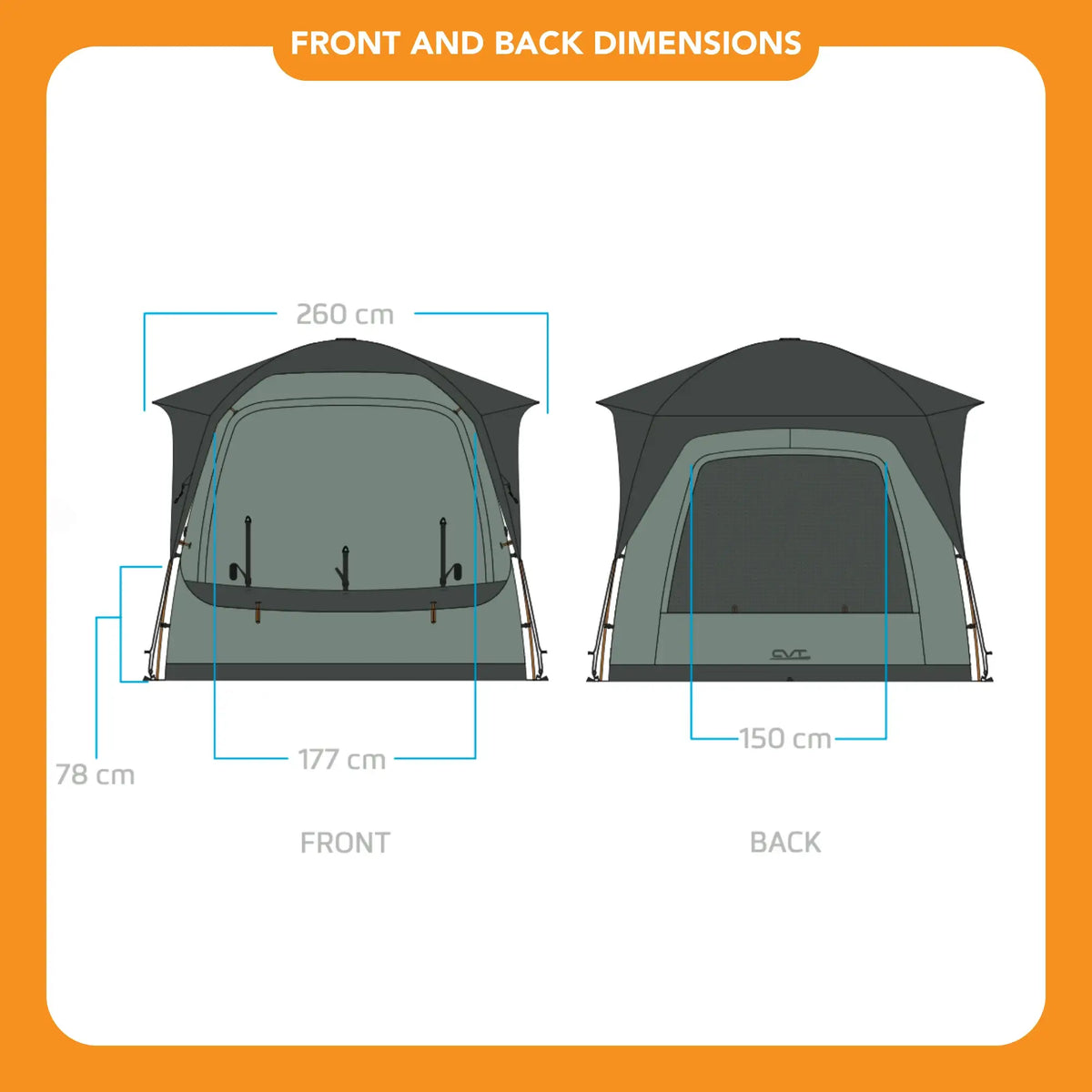 Diagram of the Timber Creek SUV Tent’s front and back views with dimensions: front width 260 cm, height 177 cm, door height 78 cm; back width 260 cm, height 150 cm. The orange header reads Front and Back Dimensions. This dome-style tent by CVT is perfect for overlanders or anyone seeking to set up a spacious SUV tent with easy access points.