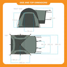 Diagram showing side and top views of the CVT Timber Creek SUV Tent with dimensions labeled: height 173 cm, length 230 cm, width 244 cm, main entry 115 cm, and vestibule areas measuring 80 x 122 cm and 222 cm. This versatile dome-style design from CVT is ideal for overlanders or as an SUV tent setup.