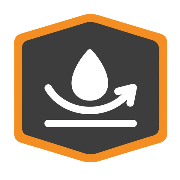 A white water droplet above a curved arrow and horizontal line on a dark hexagon with an orange border, symbolizing water resistance.